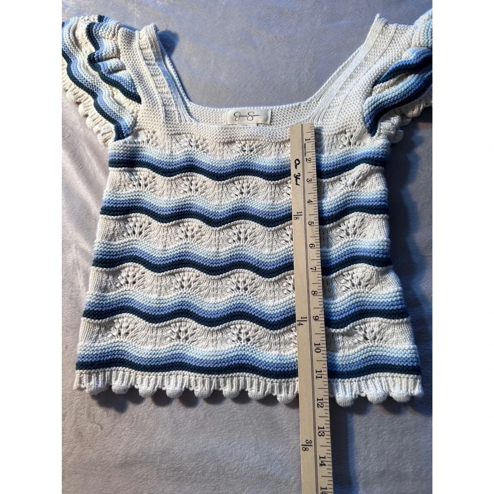 Jessica Simpson Blue White Striped Knit Flutter Sleeve Square Neck Top Medium